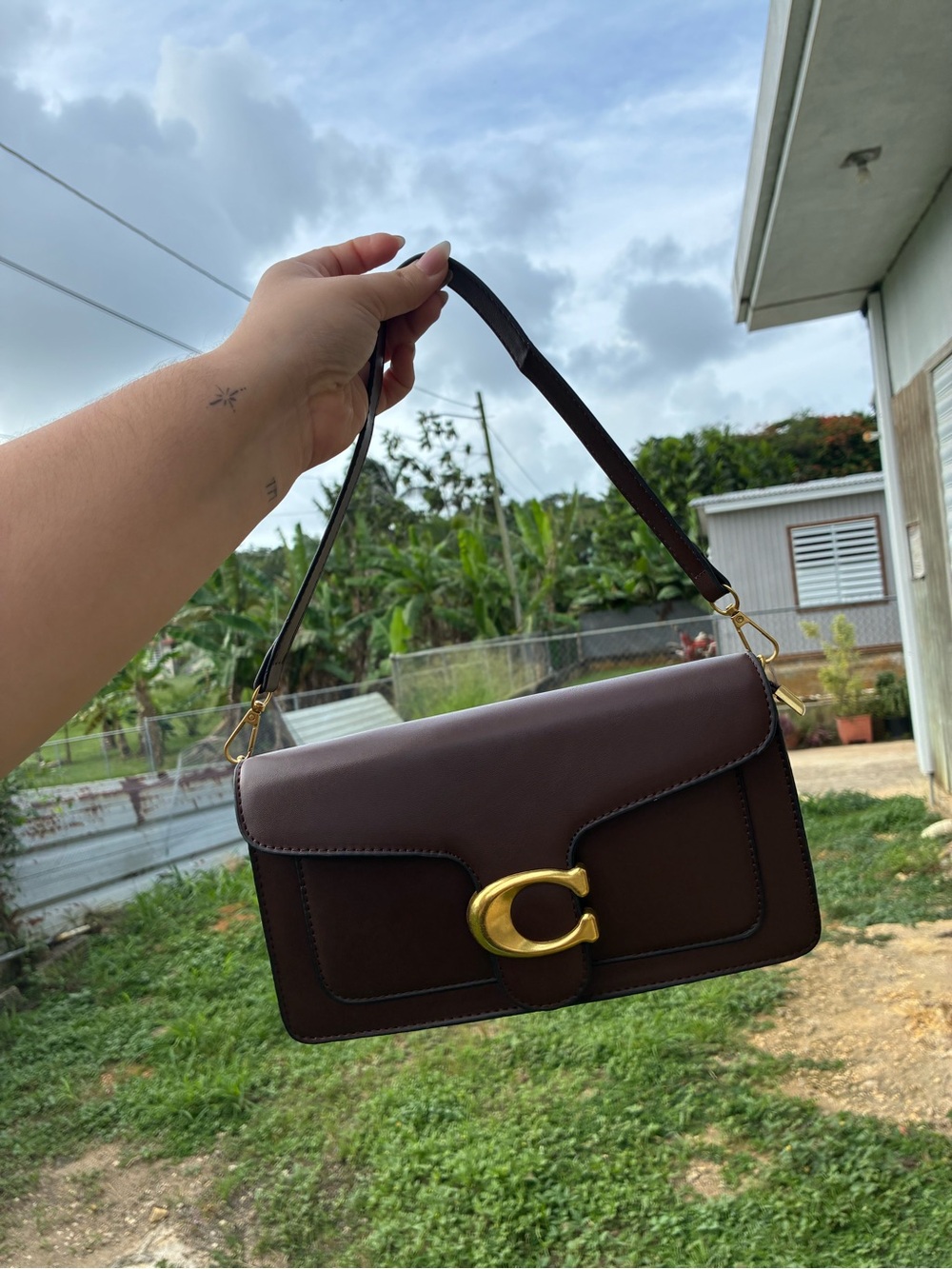 Coach Dark Brown Leather Shoulder Bag with Gold 'C' Hardware